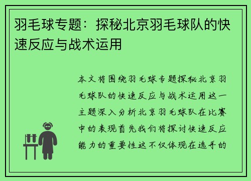 羽毛球专题：探秘北京羽毛球队的快速反应与战术运用