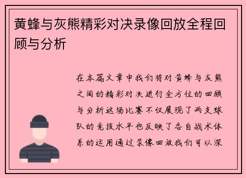 黄蜂与灰熊精彩对决录像回放全程回顾与分析